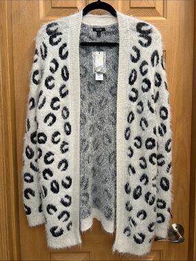 Apt. 9 Cream and Black Leopard Fuzzy Open-Front Cardigan